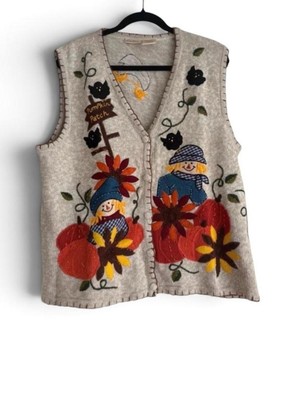 Bobbie Brooks Beige Sweater Vest Halloween Fall Scarecrow Crows Pumpkin Patch L
